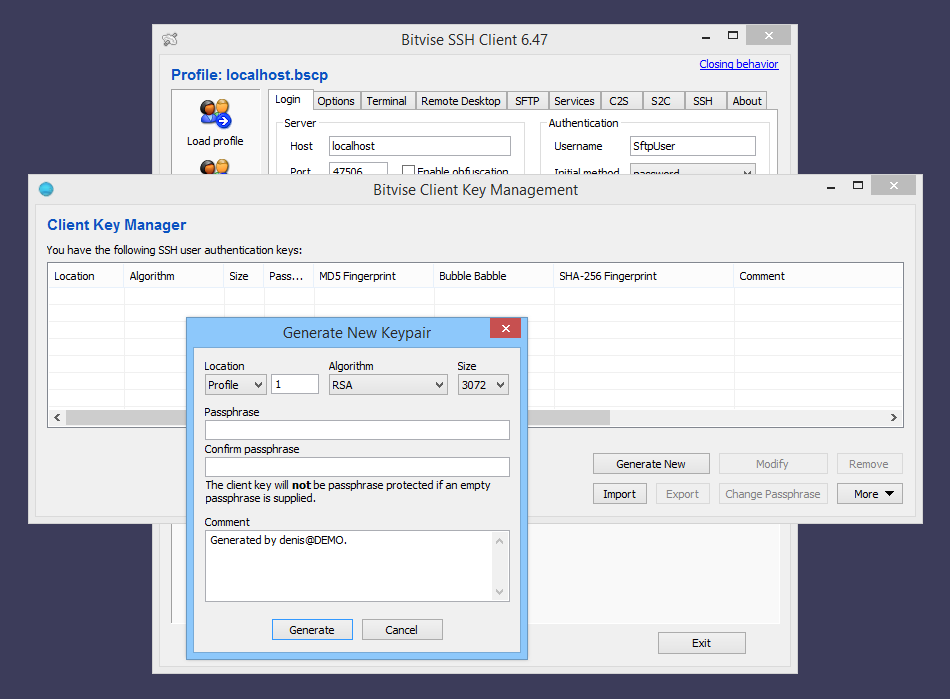 key generate 2048 ssh authentication Bitvise Configuring public SSH  key Client  with Bitvise